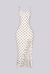 EDGE — ivory polka dot print midi dress with ruffle hem, front view flat lay