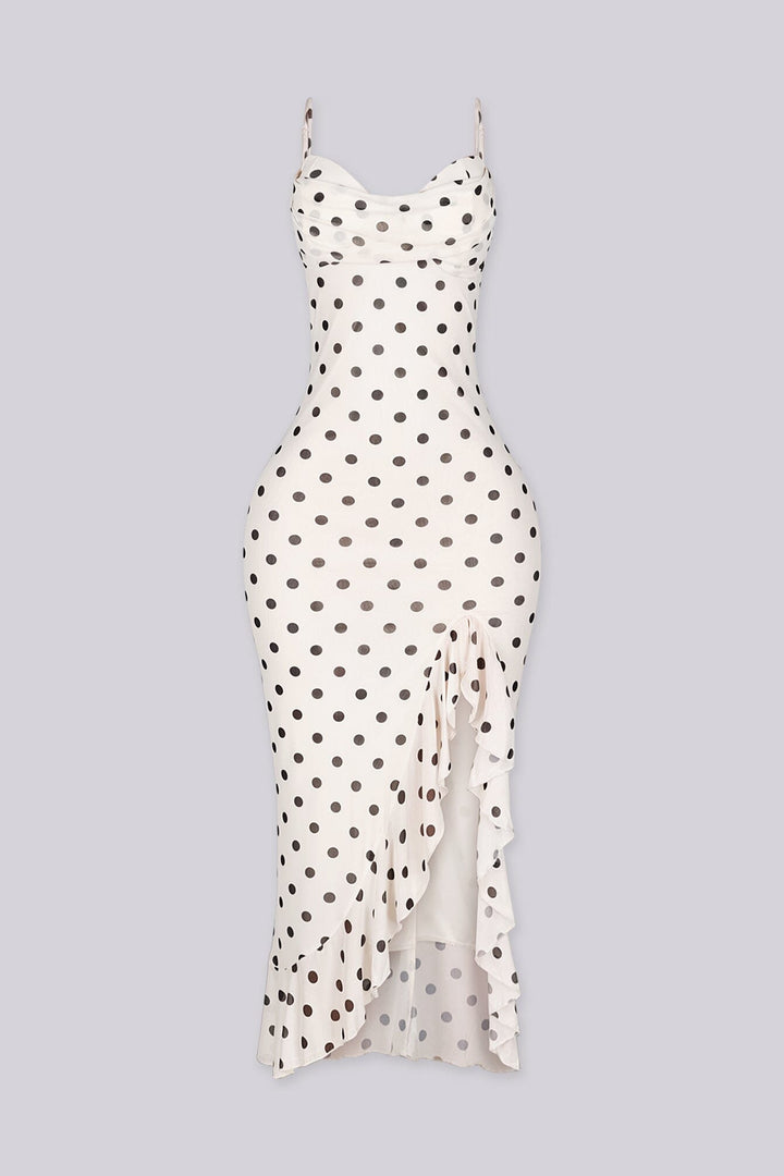 EDGE — ivory polka dot print midi dress with ruffle hem, front view flat lay