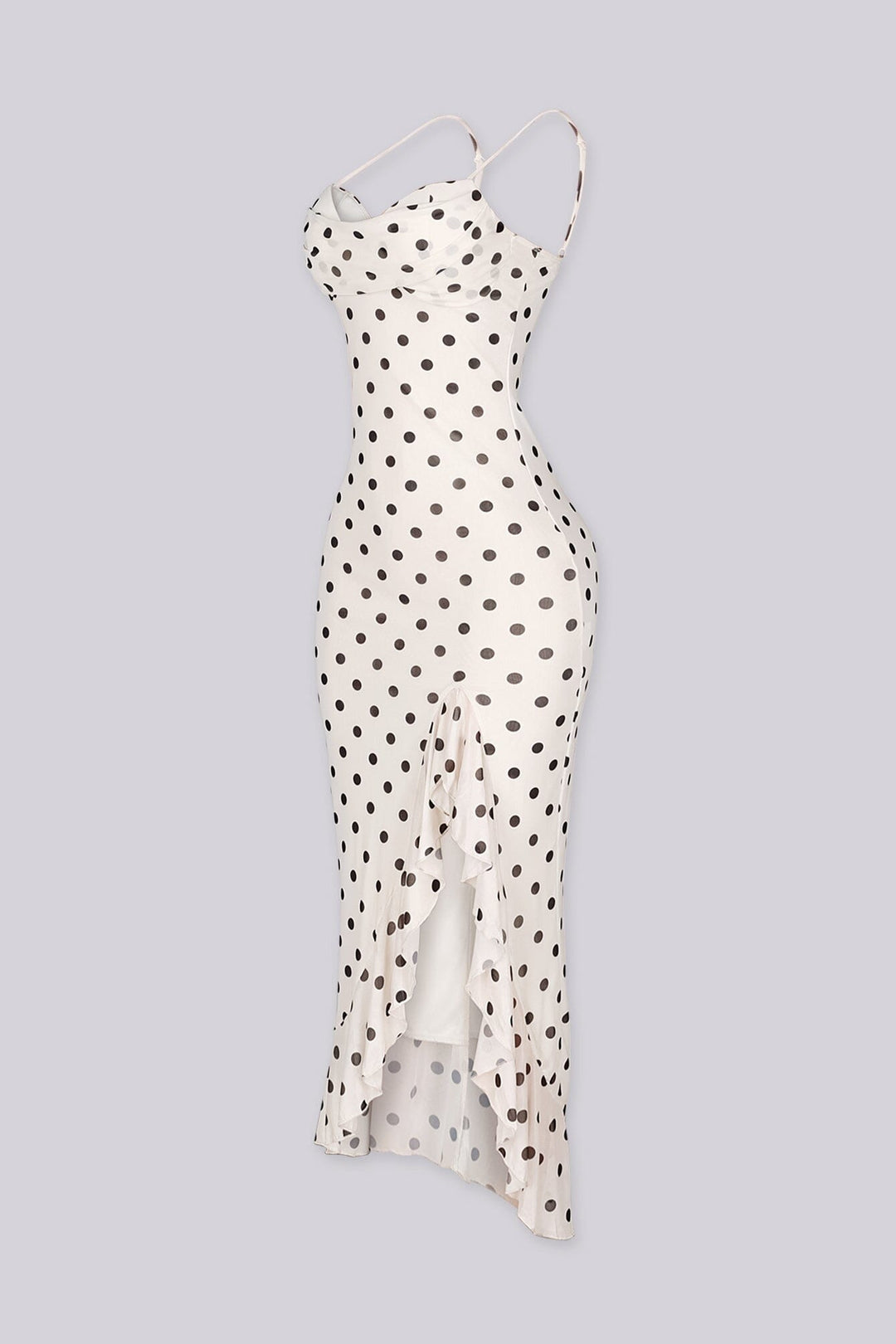 EDGE — ivory polka dot print midi dress with ruffle hem, side view flat lay