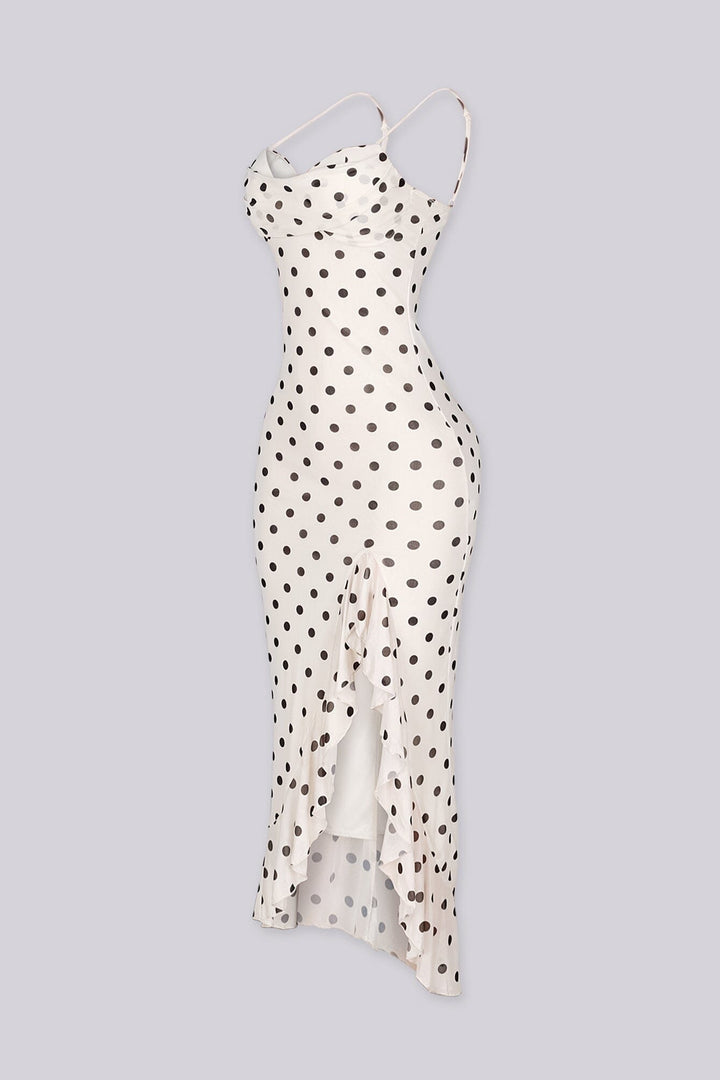EDGE — ivory polka dot print midi dress with ruffle hem, side view flat lay