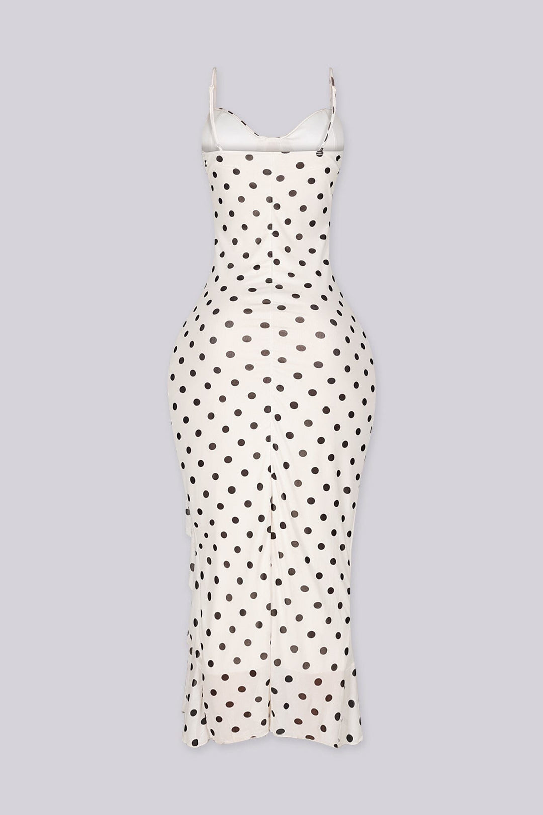 EDGE — ivory polka dot print midi dress with ruffle hem, three-quarter front view flat lay