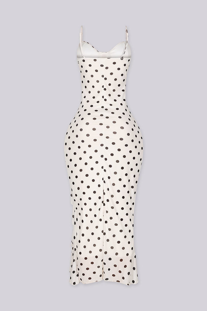 EDGE — ivory polka dot print midi dress with ruffle hem, three-quarter front view flat lay