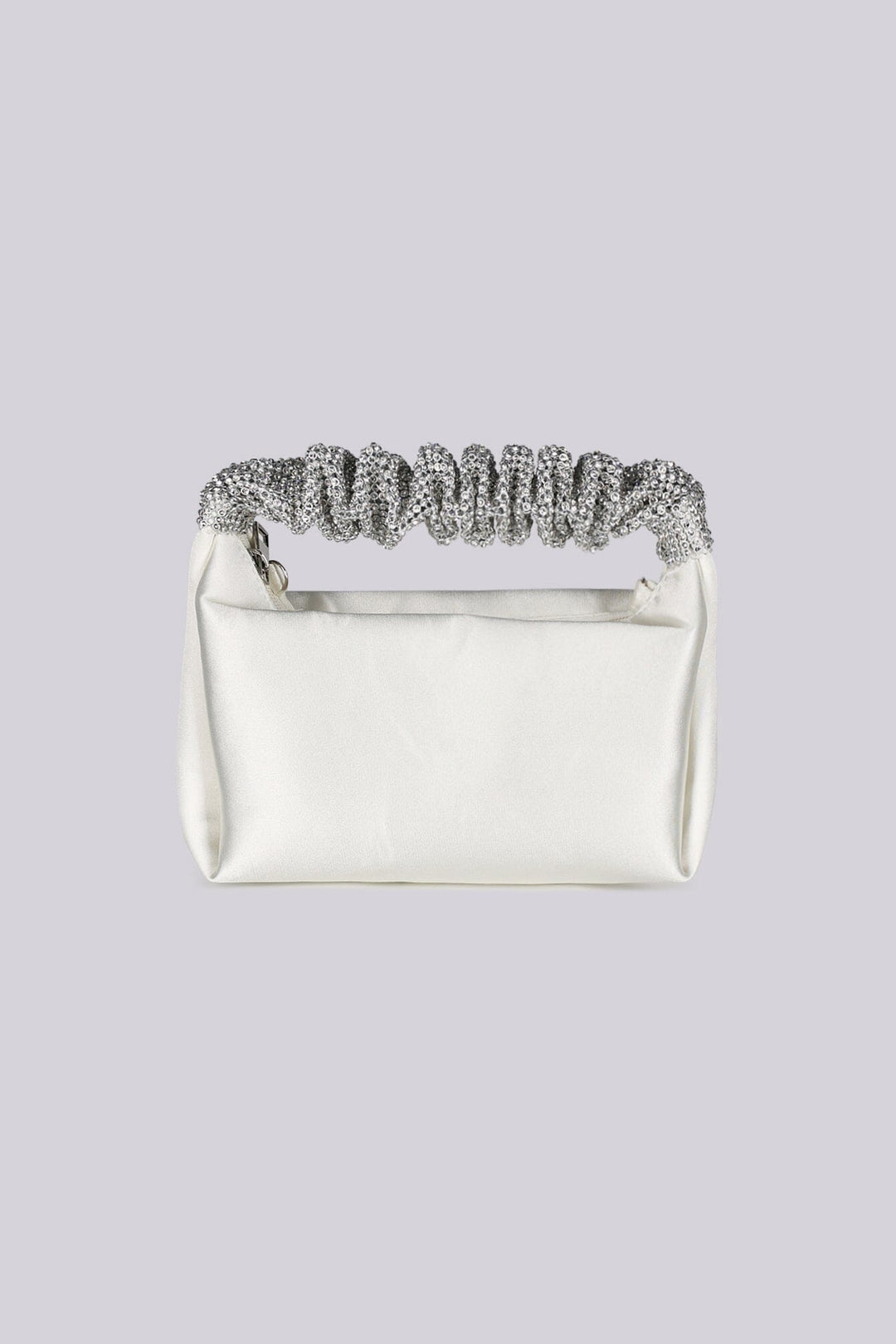 EDGE — ivory satin clutch with a crystal-embellished handle, front view flat lay