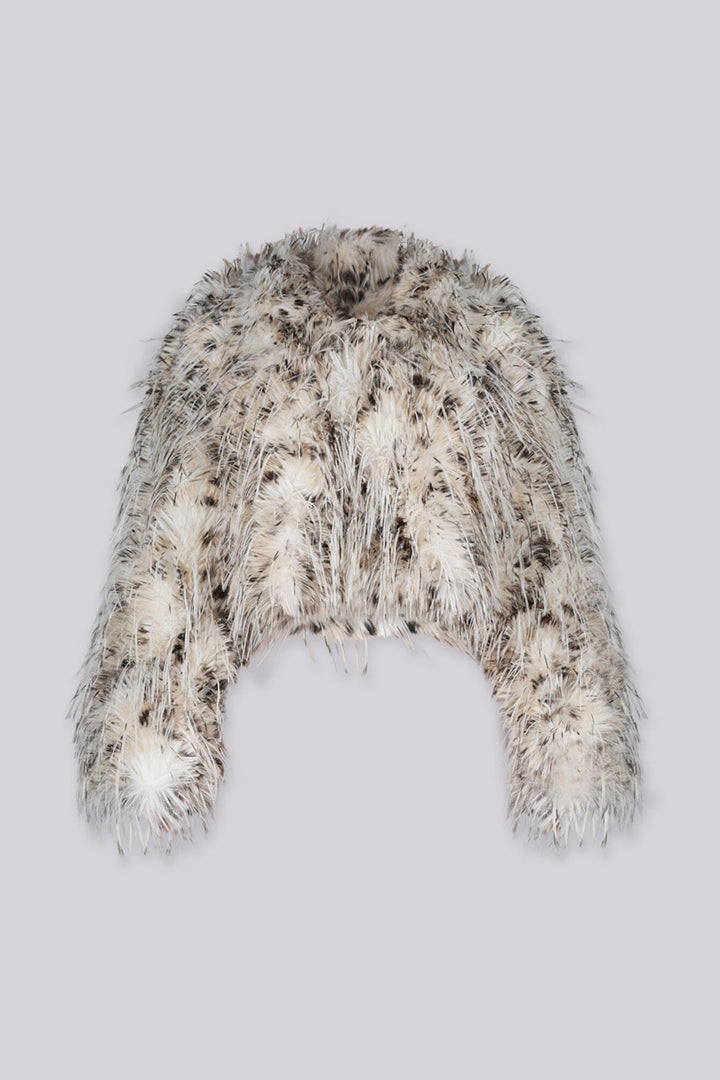 Ivory faux fur crop jacket with plush animal print texture