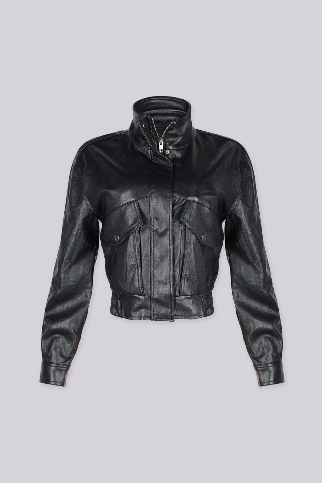 Faux Leather cropped bomber jacket with stand collar