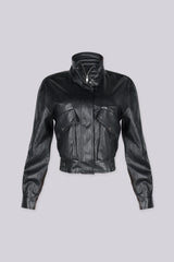 Faux Leather cropped bomber jacket with stand collar