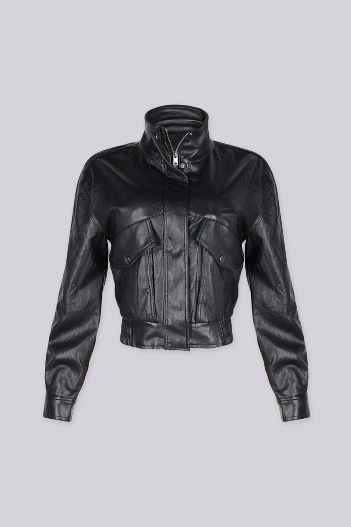 Faux Leather cropped bomber jacket with stand collar
