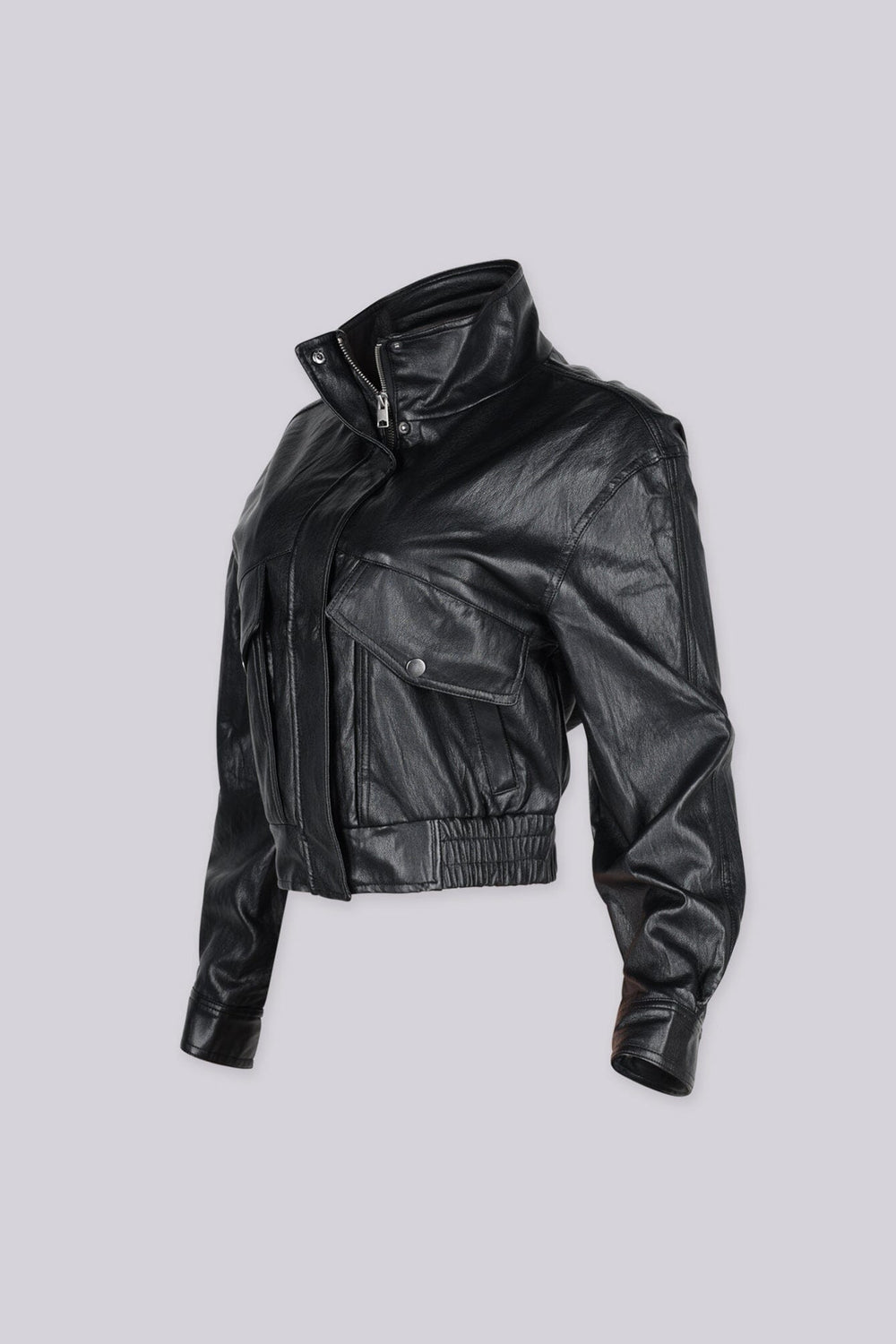 Faux Leather cropped bomber jacket with stand collar