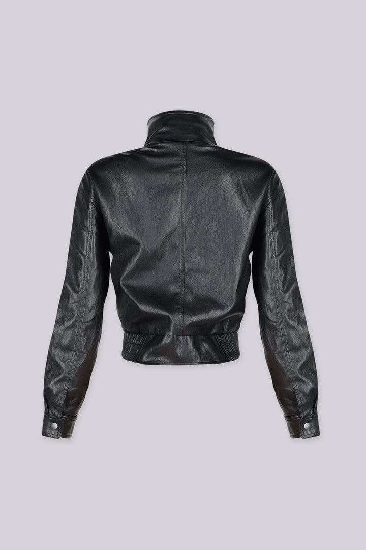 Faux Leather cropped bomber jacket with stand collar