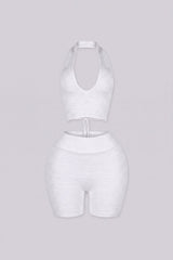 Jacquard halter neckline with adjustable crisscross ties at center back