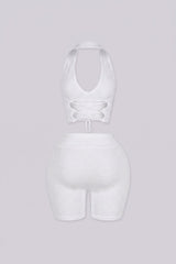 Jacquard halter neckline with adjustable crisscross ties at center back