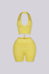 Jacquard halter neckline with adjustable crisscross ties at center back