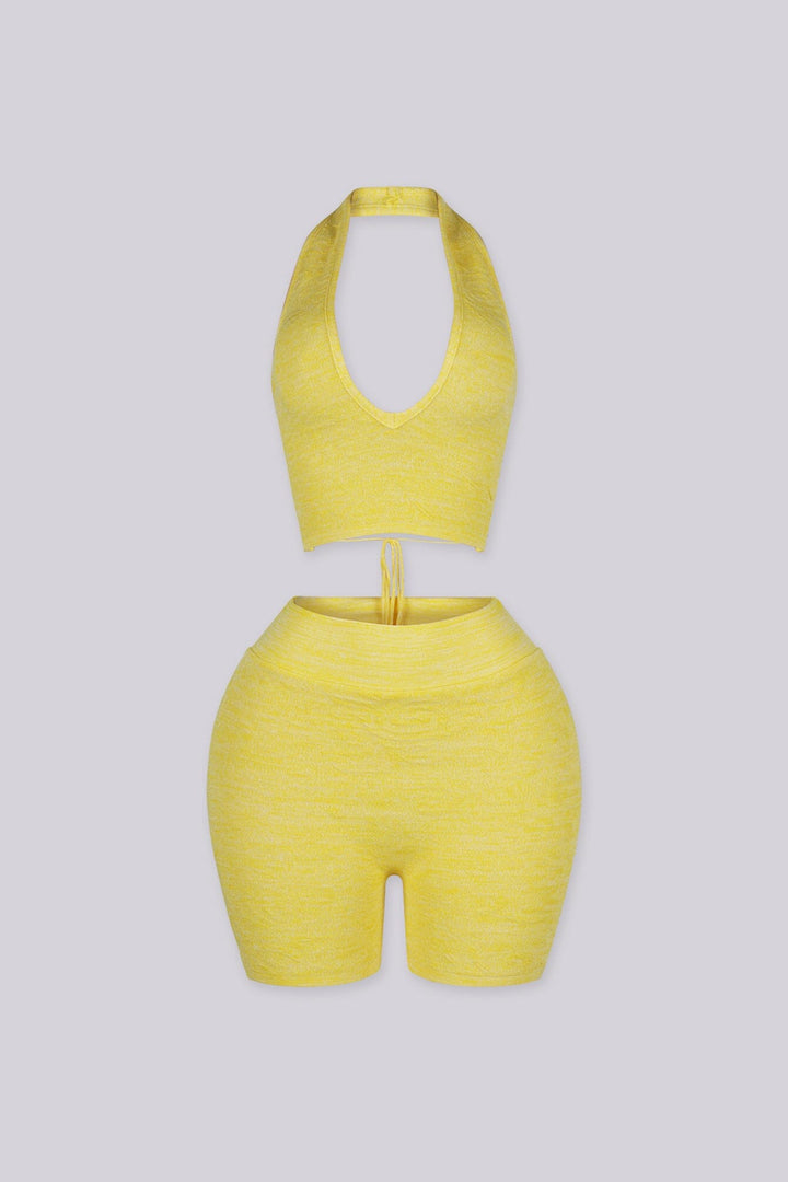 Jacquard halter neckline with adjustable crisscross ties at center back