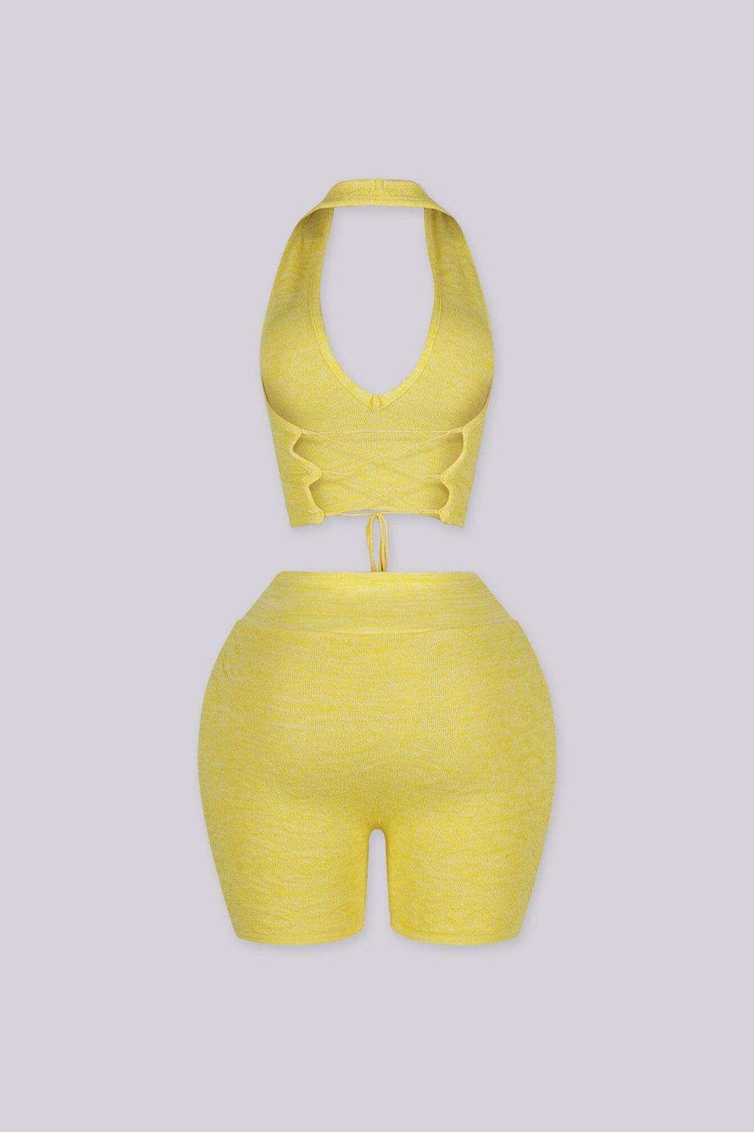 Jacquard halter neckline with adjustable crisscross ties at center back