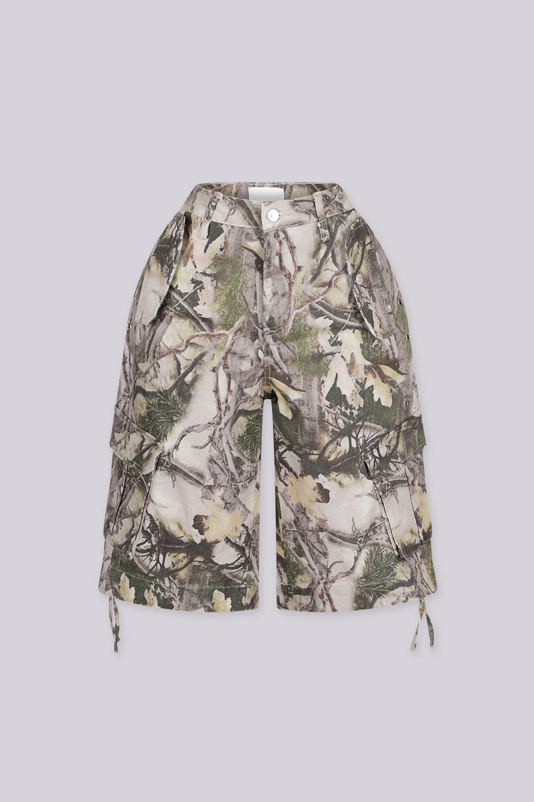 High rise relaxed fit bermuda pants in an allover tree camouflage print