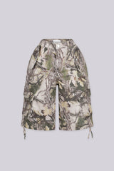 High rise relaxed fit bermuda pants in an allover tree camouflage print