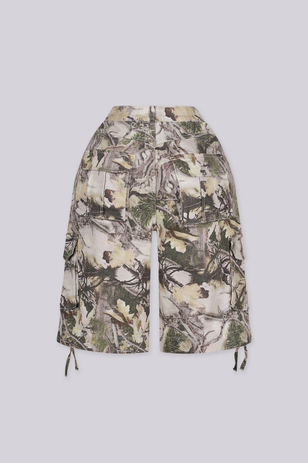 High rise relaxed fit bermuda pants in an allover tree camouflage print