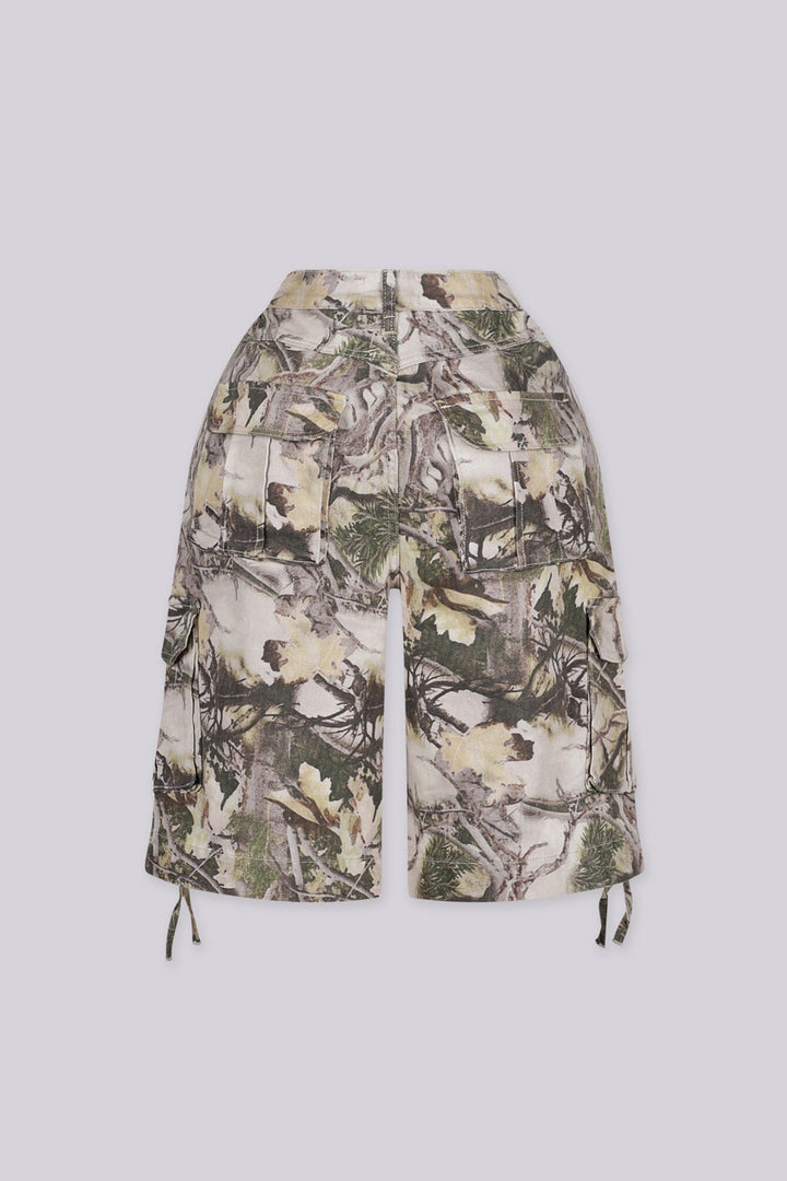 High rise relaxed fit bermuda pants in an allover tree camouflage print