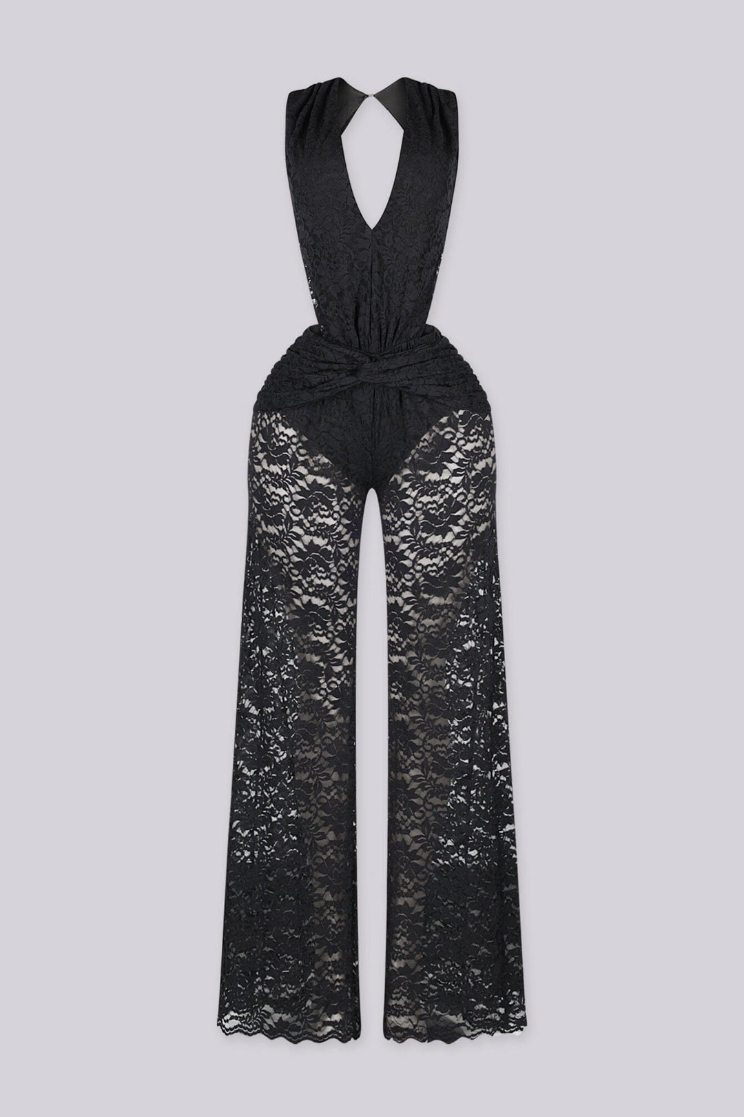 Deep V halter neckline lace jumpsuit featuring ruched knot waist detailing, Finished with long and straight leg lace pants
