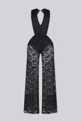 Deep V halter neckline lace jumpsuit featuring ruched knot waist detailing, Finished with long and straight leg lace pants
