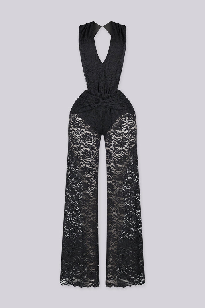 Deep V halter neckline lace jumpsuit featuring ruched knot waist detailing, Finished with long and straight leg lace pants
