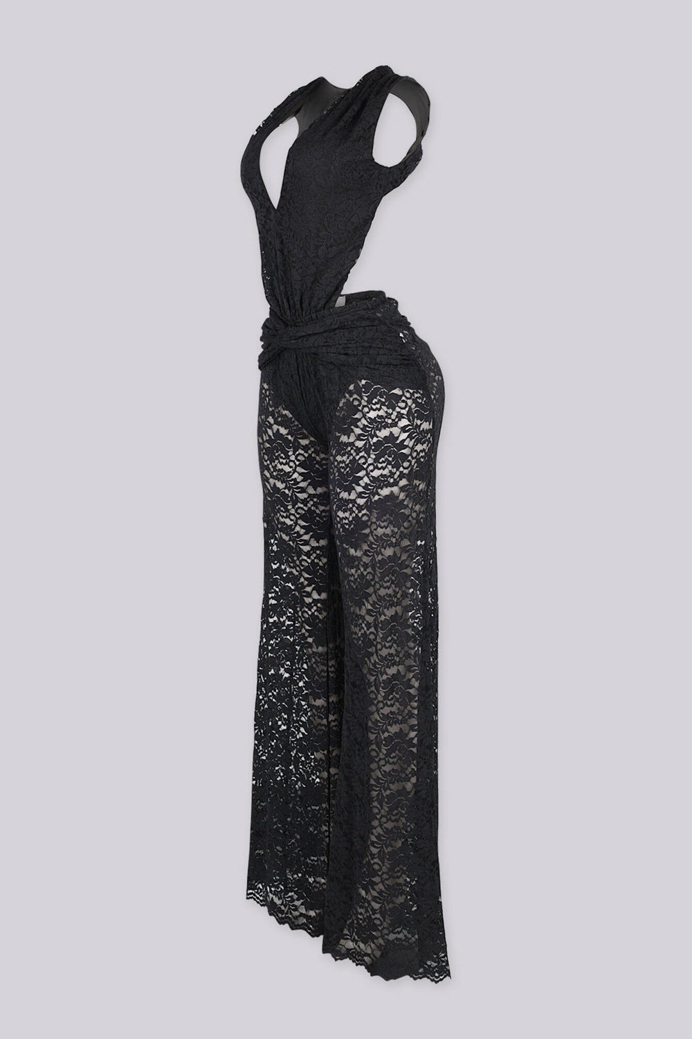 Deep V halter neckline lace jumpsuit featuring ruched knot waist detailing, Finished with long and straight leg lace pants
