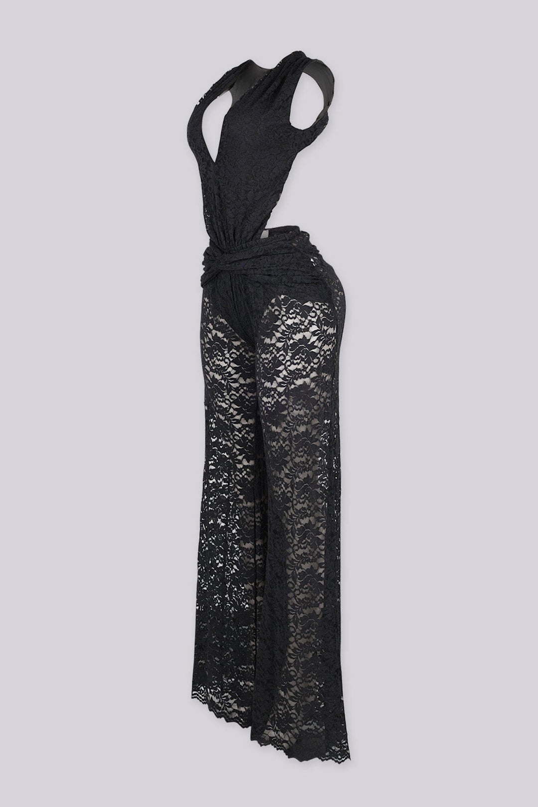 Deep V halter neckline lace jumpsuit featuring ruched knot waist detailing, Finished with long and straight leg lace pants

