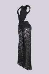 Deep V halter neckline lace jumpsuit featuring ruched knot waist detailing, Finished with long and straight leg lace pants
