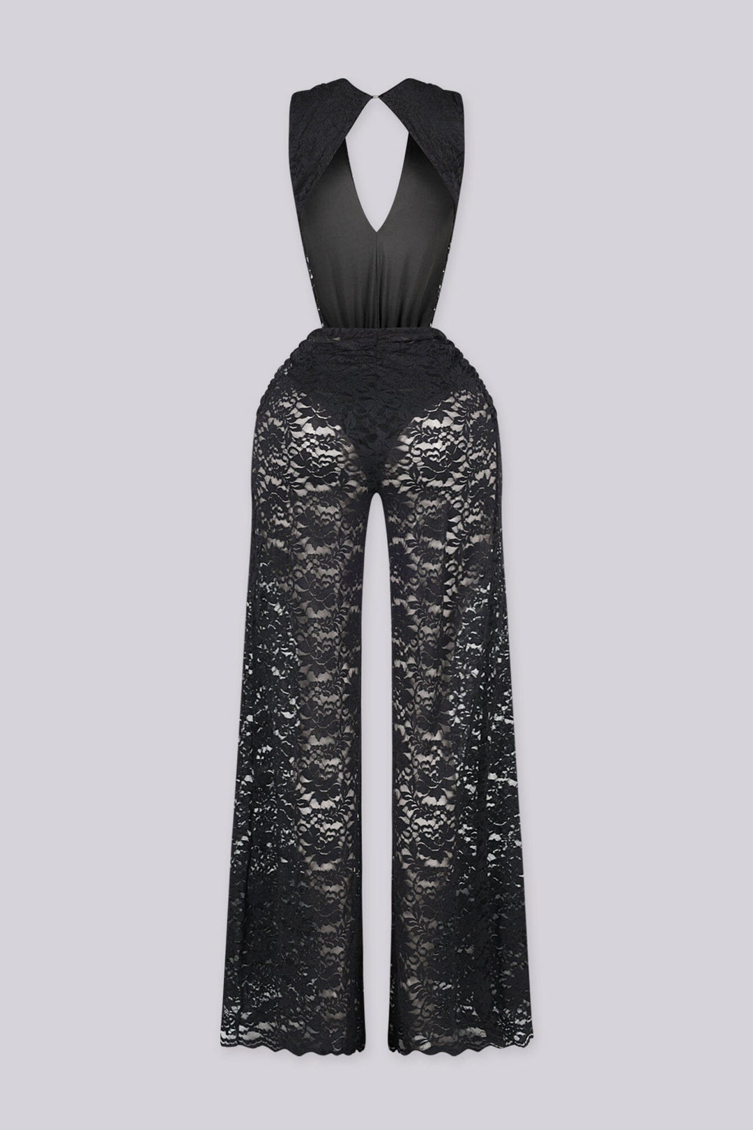 Deep V halter neckline lace jumpsuit featuring ruched knot waist detailing, Finished with long and straight leg lace pants
