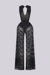 Deep V halter neckline lace jumpsuit featuring ruched knot waist detailing, Finished with long and straight leg lace pants
