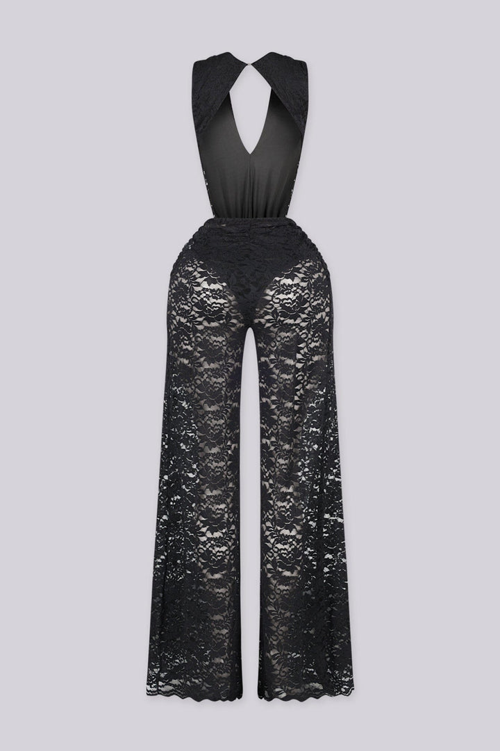 Deep V halter neckline lace jumpsuit featuring ruched knot waist detailing, Finished with long and straight leg lace pants
