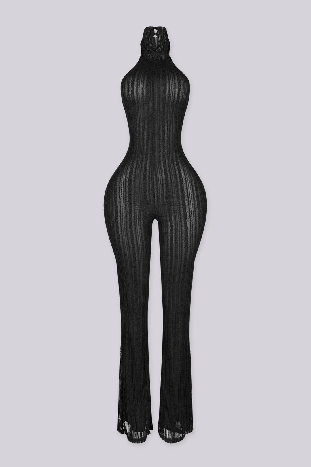 Sleeveless fitted jumpsuit with high mock neckline featuring textured lace fabric