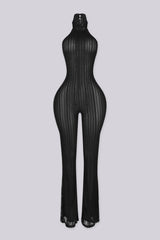 Sleeveless fitted jumpsuit with high mock neckline featuring textured lace fabric