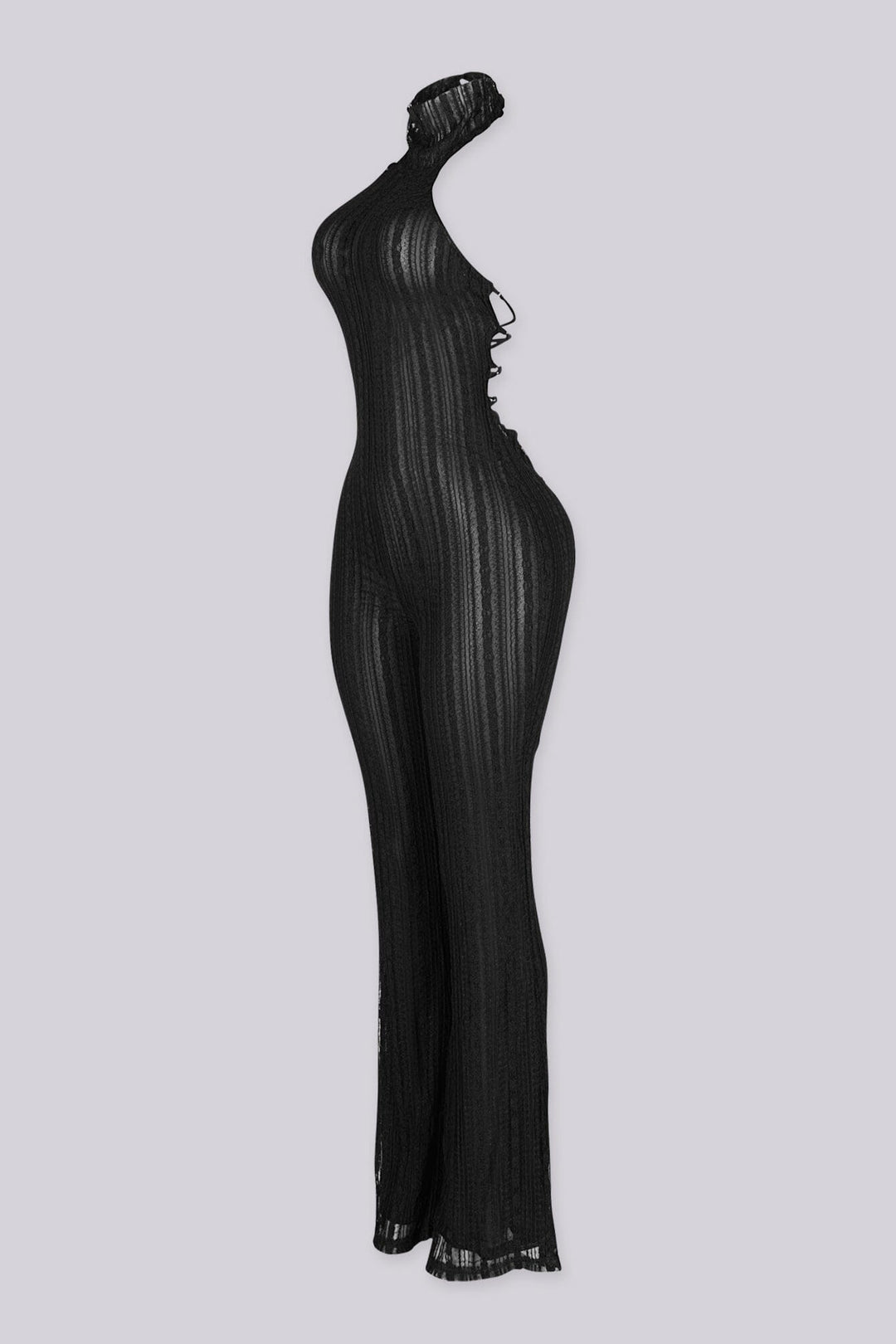 Sleeveless fitted jumpsuit with high mock neckline featuring textured lace fabric