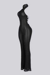 Sleeveless fitted jumpsuit with high mock neckline featuring textured lace fabric