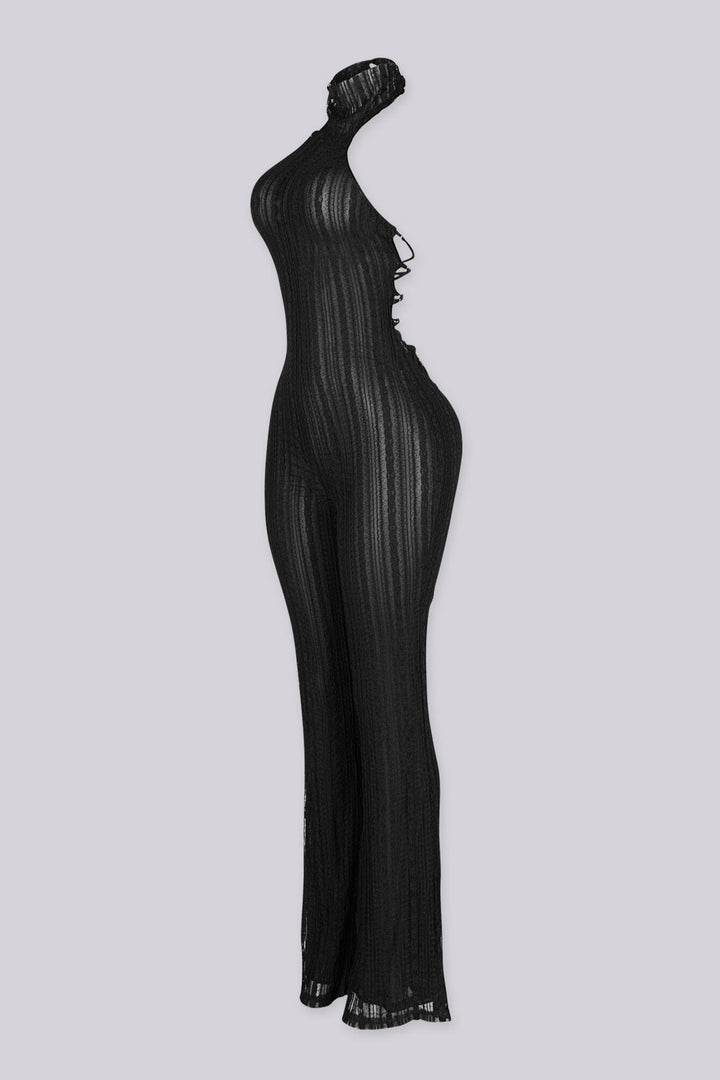 Sleeveless fitted jumpsuit with high mock neckline featuring textured lace fabric