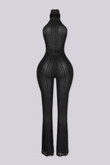 Sleeveless fitted jumpsuit with high mock neckline featuring textured lace fabric
