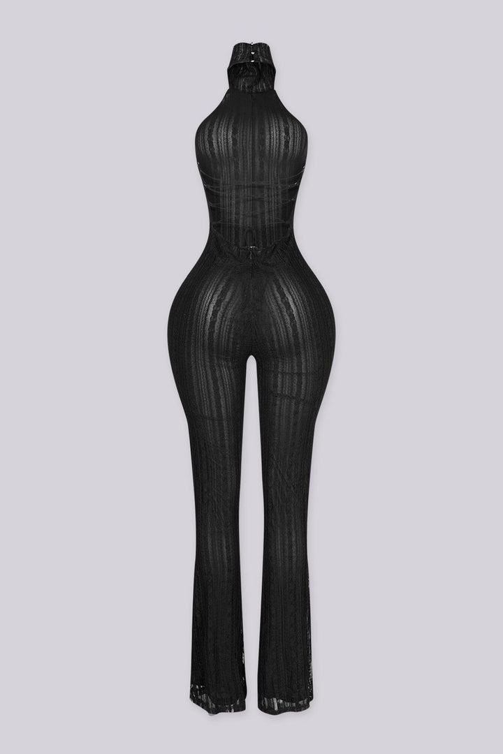 Sleeveless fitted jumpsuit with high mock neckline featuring textured lace fabric