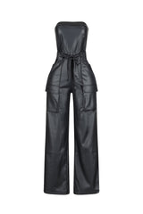 Strapless PU cargo jumpsuit featuring cargo pocket details and a self tie drawstring belt at the waist
Full length wide leg fit