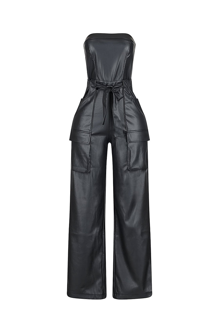 Strapless PU cargo jumpsuit featuring cargo pocket details and a self tie drawstring belt at the waist
Full length wide leg fit