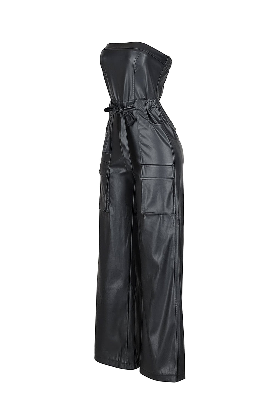 Strapless PU cargo jumpsuit featuring cargo pocket details and a self tie drawstring belt at the waist
Full length wide leg fit