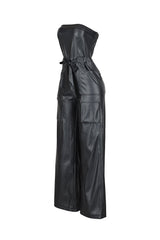 Strapless PU cargo jumpsuit featuring cargo pocket details and a self tie drawstring belt at the waist
Full length wide leg fit