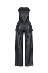 Strapless PU cargo jumpsuit featuring cargo pocket details and a self tie drawstring belt at the waist
Full length wide leg fit
