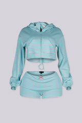 EDGEBYKS - Striped halter bralette top with heart rhinestone charm and cropped zip up hoodie, v2 front view