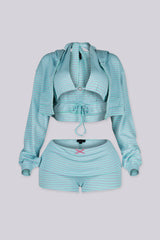 EDGEBYKS - Striped halter bralette top with heart rhinestone charm and cropped zip up hoodie, front view