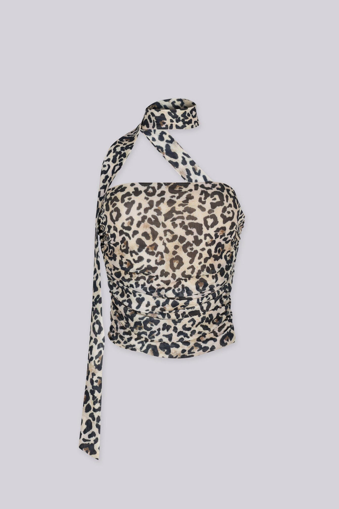 Ruched strapless tube top with elongated neck tie detail, Attached scarf neckline