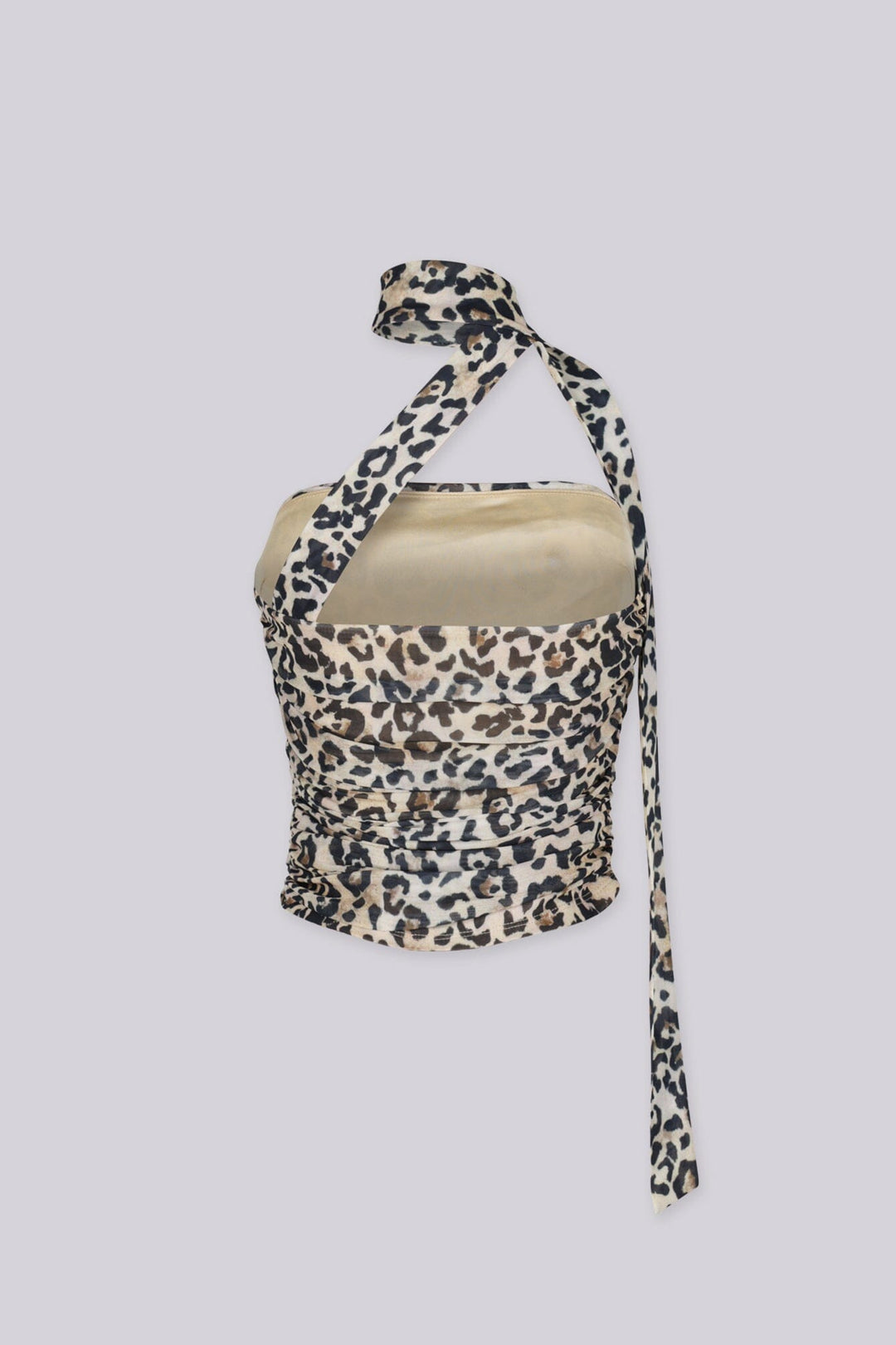 Ruched strapless tube top with elongated neck tie detail, Attached scarf neckline