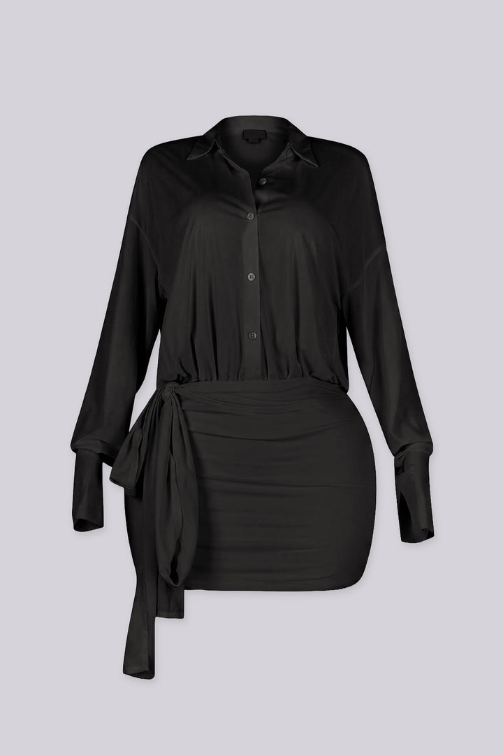 Mesh long sleeves pointed collar button up mini dress with relaxed oversized fit through the body