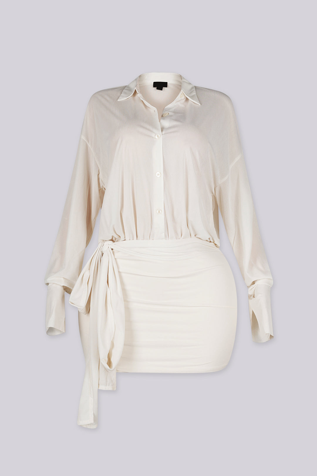 Mesh long sleeves pointed collar button up mini dress with relaxed oversized fit through the body