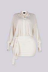 Mesh long sleeves pointed collar button up mini dress with relaxed oversized fit through the body
